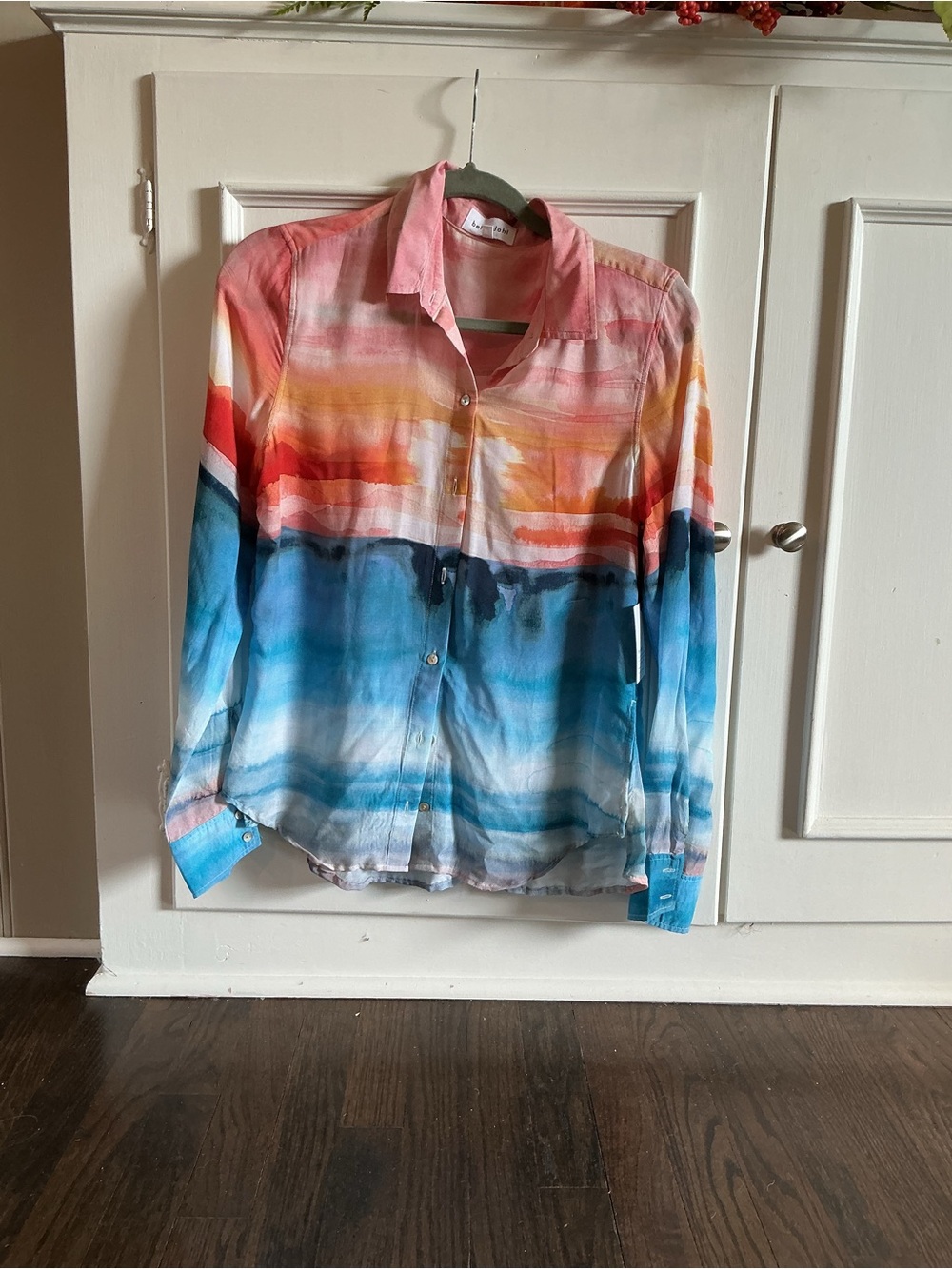 Bella Dahl Multicolor Watercolor Stripe Button-Down Shirt - Pink, Orange, Blue